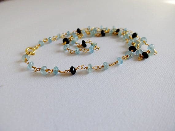 AAA++ Rare Quality Beautiful Aquamarine necklace,rosary style Gold  filled necklace,Aquamarine smooth pebbles,black tourmaline beads and aquamarine necklace 4-5 mm Code- TJH133
