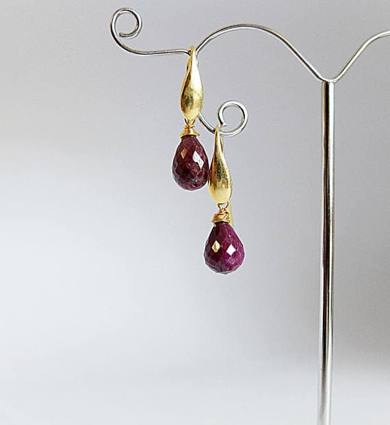 AAA++ Rare Quality Red Ruby Earrings Wire Wrapped Teardrop Dangle Stud Earrings,Genuine Ruby Earrings Wirewrapped Ruby Dangle,briolette Earrings,ruby Gold  Code- TJH195