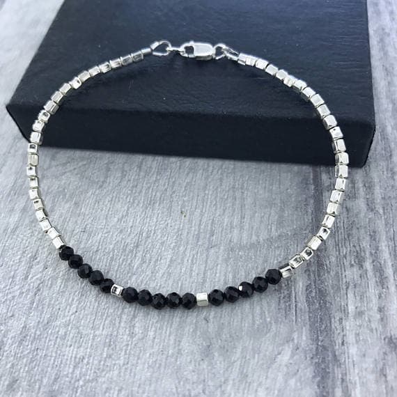 925 sterling Silver chakras simple 2mm stacking Black BLACK SPINEL Bracelet Round, Faceted 7" for mens, womens.