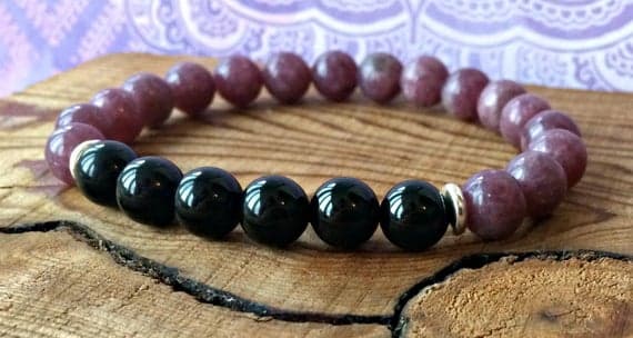 chakras simple 7mm Stretchable Black & Pink Lepidolite & Black Tourmaline  Bracelet Round, Smooth 7" for mens, womens, gf, bf & Adult.