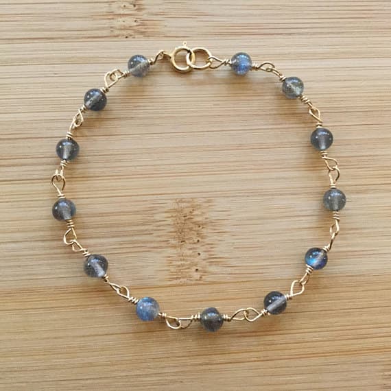 24k gold Plated top quality 4mm stacking Gray Labradorite Bracelet Round, Smooth 7" for mens, womens.