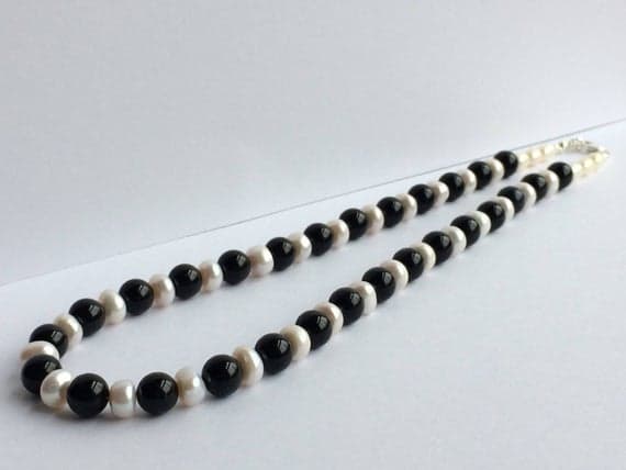 925 sterling Silver love beach youth Silver Helling 8mm stacking Black & White Black onyx and freshwater pearl  Necklace Round & Rondelle, Smooth 17" for mens, womens, gf, bf & Adult.