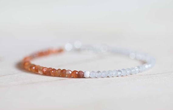 925 sterling silver Handmade Beaded 3-3.5mm Multi Colour Moonstone & Sunstone  stacking Bracelet Round, Faceted 18cm for mens, womens, gf, bf and adults.