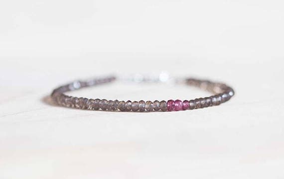 925 sterling silver Anxiety Gemstone 3.5mm Sky Blue Smoky Quartz & Pink Spinel stacking Bracelet Rondelle , Faceted 18cm for mens, womens, gf, bf and adults.