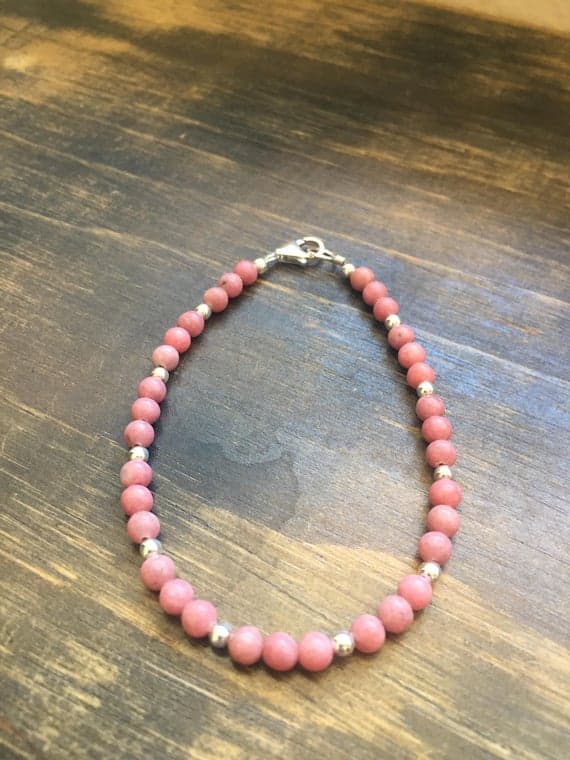 925 sterling Silver Artisan Loose Silver Helling 3-5mm stacking Pink Rhodonite Bracelet Round, Smooth 7" for mens, womens, gf, bf & Adult.
