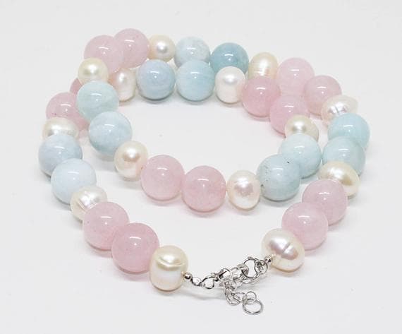 rose quartz aquamarine pearl round ball smooth 20'' long strand gemstone beads, jewelry supplies for jewelry making, bulk beads, for meditation jewellery for Reiki Healing  gemstone 10mm