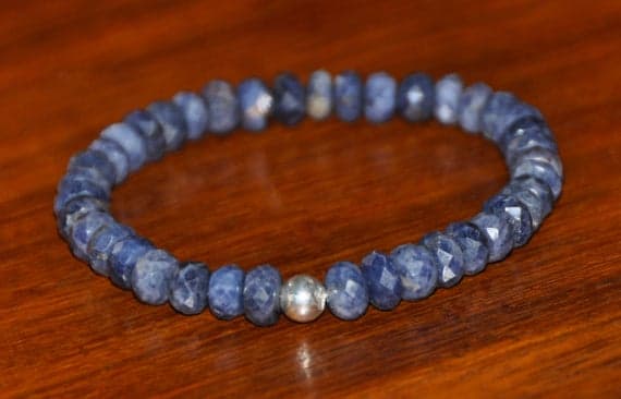 925 sterling silver Anxiety Gemstone 5mm Blue Blue Sapphire Stretchable Bracelet Rondelle, Faceted 18cm for mens, womens, gf, bf and adults.