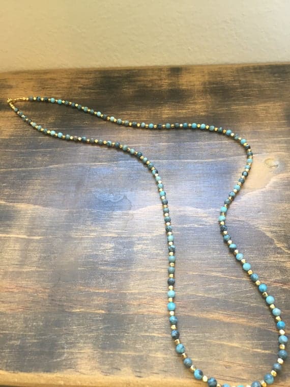 24k gold Plated Anniversary Gift Gold Helling 3-4mm stacking Blue Ocean Jasper Necklace Round, Smooth 29" for mens, womens, gf, bf & Adult.