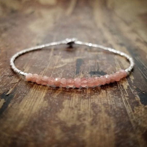 925 sterling silver Positive Energy 3mm Pink Rhodochrosite stacking Bracelet Rondelle, Faceted 18cm for mens, womens, gf, bf and adults.