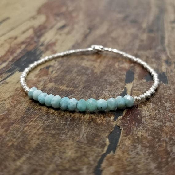925 sterling silver Anniversary Gift 3.5mm Sky Blue Larimar stacking Bracelet Rondelle, Faceted 18cm for mens, womens, gf, bf and adults.