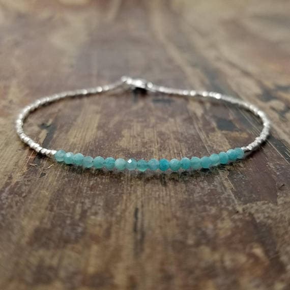 925 sterling silver Blush Jewelry 2mm Blue Amazonite stacking Bracelet Round, Faceted 18cm for mens, womens, gf, bf and adults.