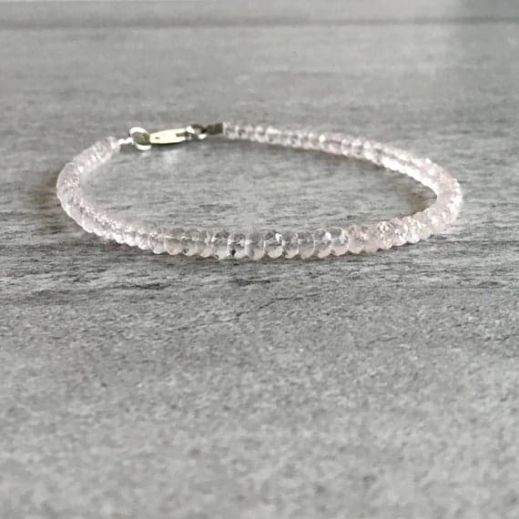 925 sterling silver Dainty Slave Loose 4mm Pink Rose Quartz stacking Bracelet Rondelle, Faceted 18cm for mens, womens, gf, bf and adults.