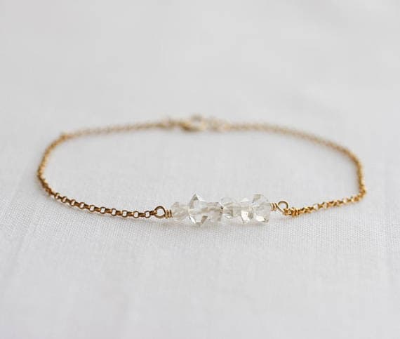 24k gold Plated Anxiety Gemstone 5-6mm stacking White Herkimer diamond Bracelet Rondelle, Faceted 7" for mens, womens, gf, bf & Adult.