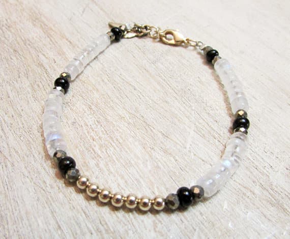 Moonstone and Black Spinel Beaded Bracelet, Black Gold White Stone Bracelet, Moonstone Stacking Bracelet, Boho Chic Beaded, Gypsy Moonstone 3-4 mm Code- WAR6754