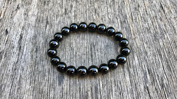 Rock Gift 8mm Stretchable Black Black Tourmaline Bracelet Round, Smooth 7" for mens, womens, gf, bf & Adult.