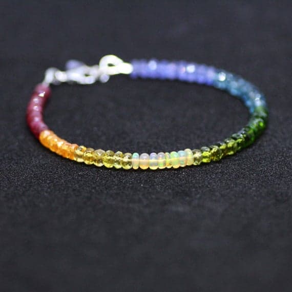 925 sterling Silver Rock Gift 4mm stacking Multi Tanzanite Sapphire Rainbow Bracelet Rondelle, Faceted & Smooth 7" for mens, womens, gf, bf & Adult.