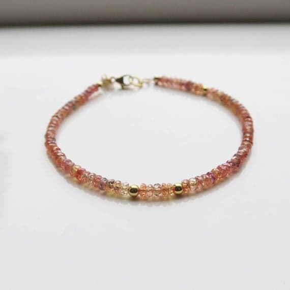 24k gold Plated Bridesmaid Jewelry 3.5mm stacking Multi Songea Sapphire & Sunstone Bracelet Rondelle, Faceted 7" for mens, womens.