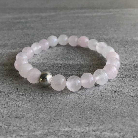 925 sterling silver Blush Jewelry 8mm Pink Rose Quartz Stretchable Bracelet round, Smooth 18cm for mens, womens, gf, bf and adults.