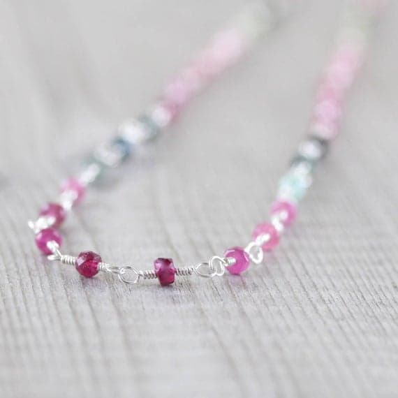 925 sterling Silver Artisan Loose 3.5mm stacking Multi Watermelon Tourmaline Necklace Rondelle, Faceted 16" for mens, womens, gf, bf & Adult.
