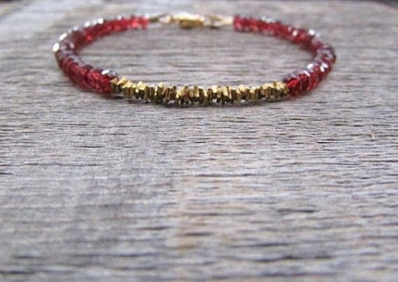 AAA++ Rare Quality Red Garnet Bracelet, January Birthstone Bracelet, Brass Bead Bracelet, Stack Bracelet, Gemstone Bracelet, Root Chakra Bracelet, Women's Gift 3.5mm 7" Strand. Code- TJH460