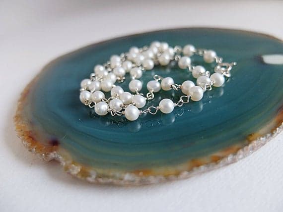 AAA++ Rare Quality Delicate,white small, freshwater pearl necklace,handwrapped with Silver Platedplated wire in rosary style, 925 Silver Platedlobster clasp, tiny pearls 5-6 mm Code- TJH130