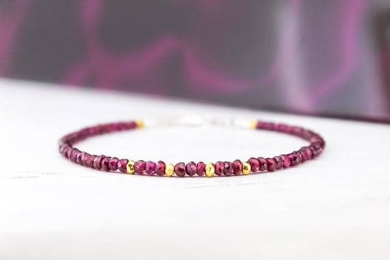 925 sterling Silver Anxiety Gemstone Gold Helling 3mm stacking Red Garnet Bracelet Round, Faceted 7" for mens, womens.