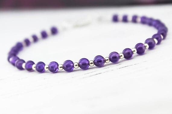 925 sterling Silver Empath Protection Silver Helling 4mm stacking Purple Amethyst Bracelet Round, Smooth 7" for mens, womens.