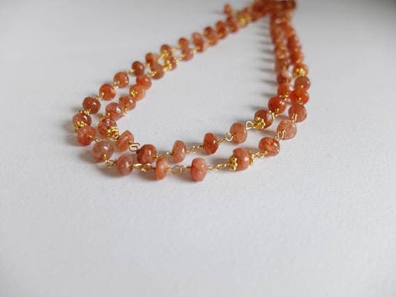 AAA++ Rare Quality Sunstone Rosary Style Handmade Beaded necklace in Gold  filled wire with ivory white large baroque pearls, long genuine sunstone necklace 5-6 mm Code- TJH128