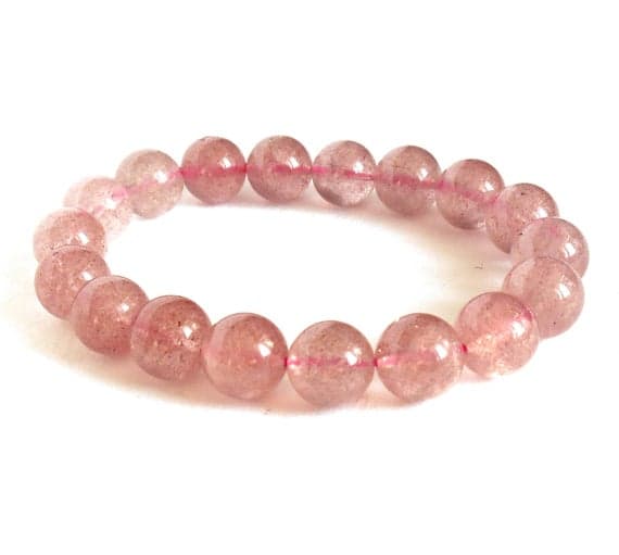 Anxiety Relief Calming 10mm Pink Strawberry Quartz Stretchable Bracelet Round, Smooth 18cm for mens, womens, gf, bf and adults.