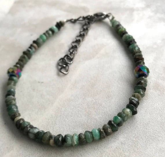 Raw Emerald Faceted rondelle certified gemstone dainty black metal bracelet 2x3-4x5mm Code- WAR6624