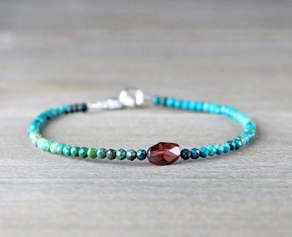 925 sterling silver Personalized Gift 3mm Multi Colour Chrysocolla & Garnet stacking Bracelet nugget,round, Faceted 18cm for mens, womens, gf, bf and adults.