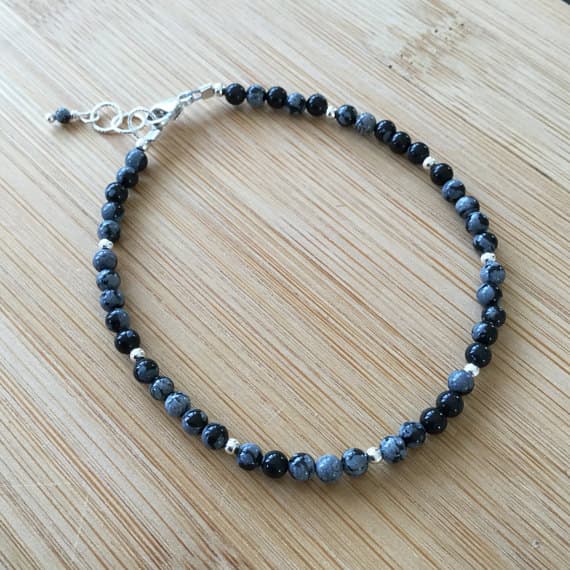 925 sterling Silver Blush Jewelry Silver Helling 3mm stacking Multi Snowflake Obsidian  Bracelet Round, Smooth 7" for mens, womens.