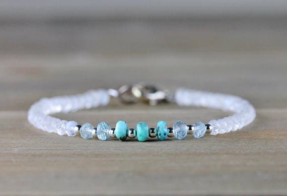 925 sterling silver Handmade Beaded 3-4.5mm Multi Colour Turquoise, Moonstone & Aquamarine  stacking Bracelet Rondelle, Faceted 18cm for mens, womens, gf, bf and adults.
