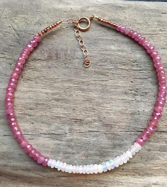 24k gold Plated chakras simple Gold Helling 3-4mm stacking Pink & White Genuine Pink Sapphire Opal Bracelet Rondelle, Faceted 7" for mens, womens, gf, bf & Adult.