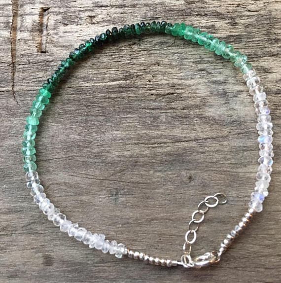 925 sterling Silver Galaxy Jewelry Silver Helling 3-4mm stacking Multi Gradient Emerald Moonstone Bracelet Rondelle, Faceted 7" for mens, womens, gf, bf & Adult.