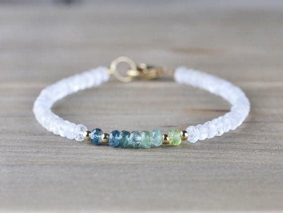 925 sterling silver Empath Protection 3.5-4mm Multi Colour Ombre Blue Green Tourmaline & Moonstone stacking Bracelet Rondelle, Faceted 18cm for mens, womens, gf, bf and adults.