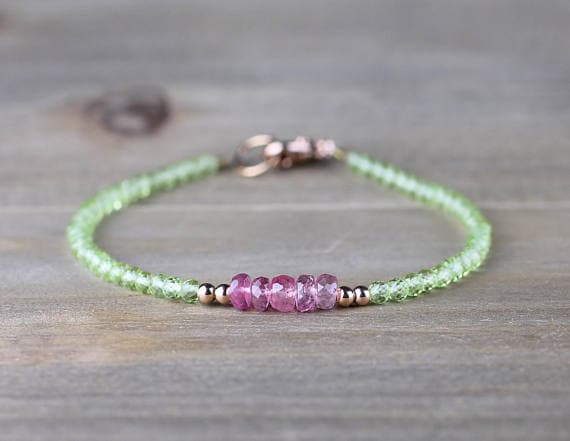 24k gold Handmade Beaded 3-4mm Multi Colour Pink Tourmaline & Peridot stacking Bracelet Round, Faceted 18cm for mens, womens, gf, bf and adults.