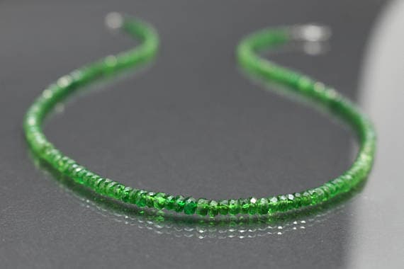 925 sterling Silver Grounding 3.5-4mm stacking Green Green Garnet Necklace Rondelle, Faceted 17" for mens, womens.