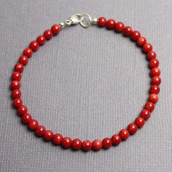 925 Steling Silver Unique Wedding Gift 4 mm Stracking red Red Bamboo Coral Bracelet Round, Smooth 7" for mens, womens, GF, BF, Adults.