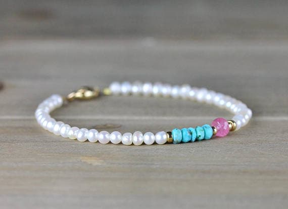 24k gold Dainty Slave Loose 3.5-4mm Multi Colour Freshwater Pearl, Pink Sapphire & Turquoise stacking Bracelet Round, Smooth 18cm for mens, womens, gf, bf and adults.