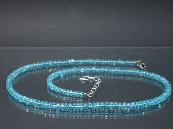 925 sterling Silver Empath Protection 4-5mm stacking Sky Blue Apatite Necklace Rondelle, Faceted 17" for mens, womens.