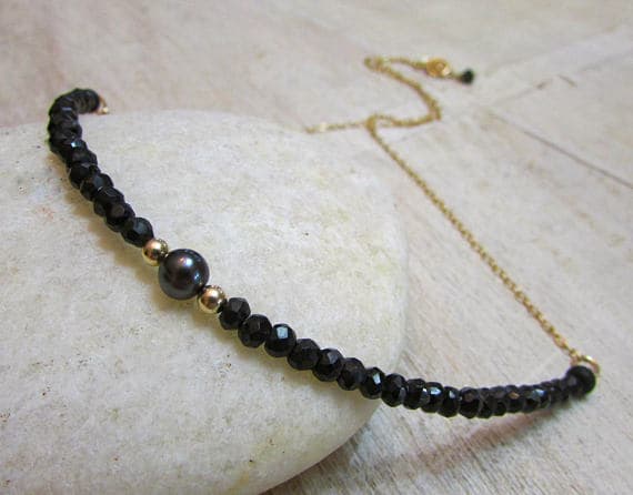 Black Spinel Necklace, Black Spinel Pearl Necklace, Black Beaded Necklace, Bohemian Beaded Necklace, Gypsy Black Gold, Stone, Boho, Elegant 3~3.5 mm Code- WAR6763