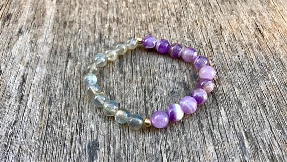 Positive Energy Gold helling 8mm Stretchable Gray & Purple Moonstone and Chevron Amethyst Bracelet Round, Smooth 7" for mens, womens, gf, bf & Adult.