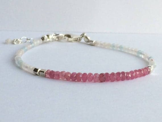 925 sterling Silver Personalized Gift Silver Helling 3-4mm stacking Multi Pink sapphire, morganite Bracelet Rondelle, Faceted 7" for mens, womens, gf, bf & Adult.