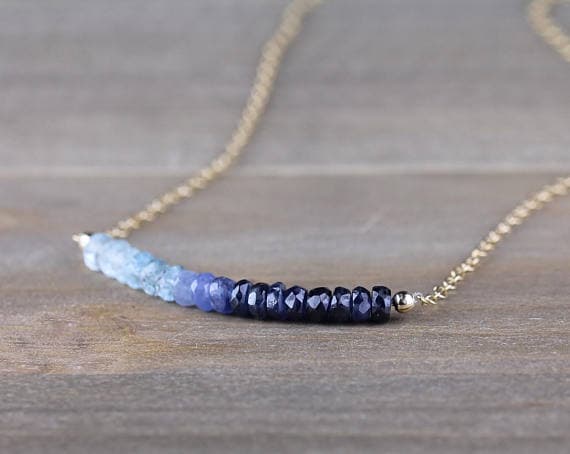 925 sterling silver chakras simple 4mm Multi Colour Ombre Blue Sapphire & Aquamarine stacking Necklace Rondelle, Faceted 17 Inch for mens, womens, gf, bf and adults.