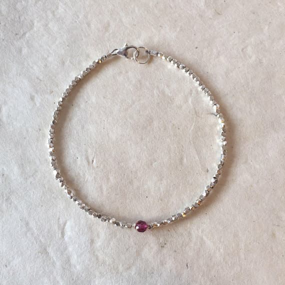 Single Pink Tourmaline Karen Hill Tribe Thai Silver Beaded Bracelet, Sundance Style, Boho Stacking Bracelet, Layering Bracelet 4mm Code- WAR6457