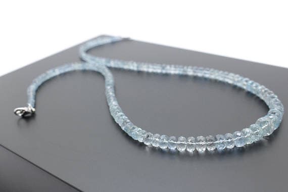 925 sterling Silver Anxiety Gemstone 4-8mm stacking Blue Brilliant Aquamarine Necklace Rondelle, Faceted 17" for mens, womens.