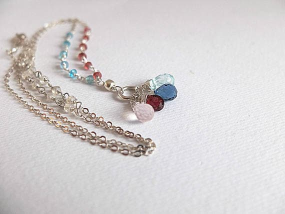 AAA++ Rare Quality Gemstone Pendant Necklace,Aquamarine, london blue topaz, Garnet and rose quartz Multi Gemstone Pendant, delicate Silver Platedchain with gemstone 6-9mm Code- TJH191