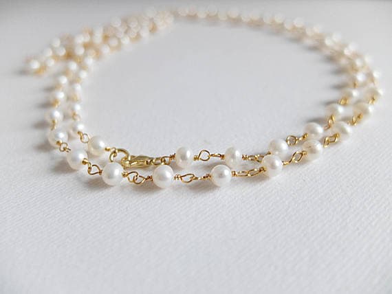 AAA++ Rare Quality Delicate,white small,freshwater pearl necklace, handwrapped with Gold  filled wire in rosary style,Gold  filled lobster clasp,long Gold  filled 5-6 mm Code- TJH168