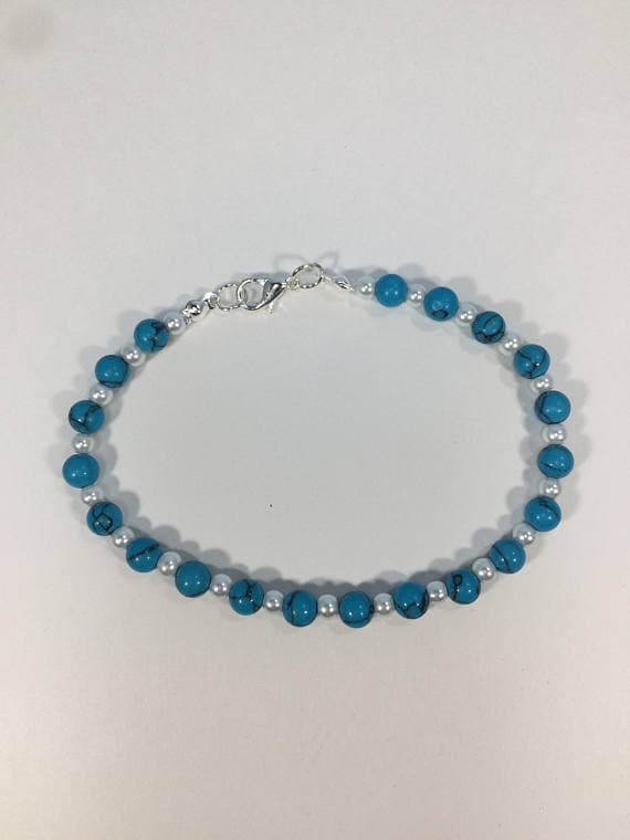 925 sterling Silver Rock Gift 4-5mm stacking Blue & White Turquoise Pearl  Bracelet Round, Smooth 7" for mens, womens, gf, bf & Adult.